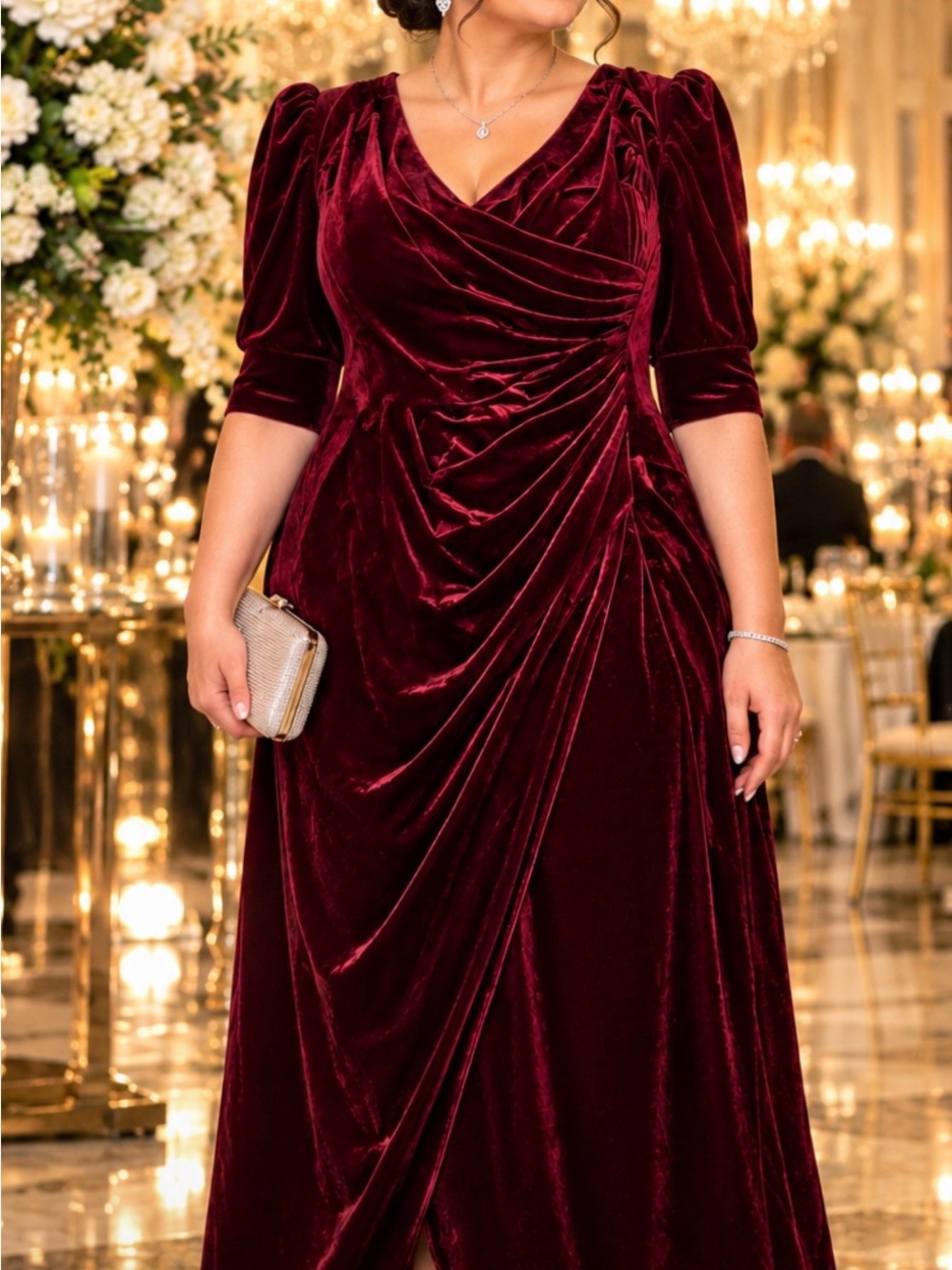 Alex Evenings Wine Velvet Draped Maxi Dress